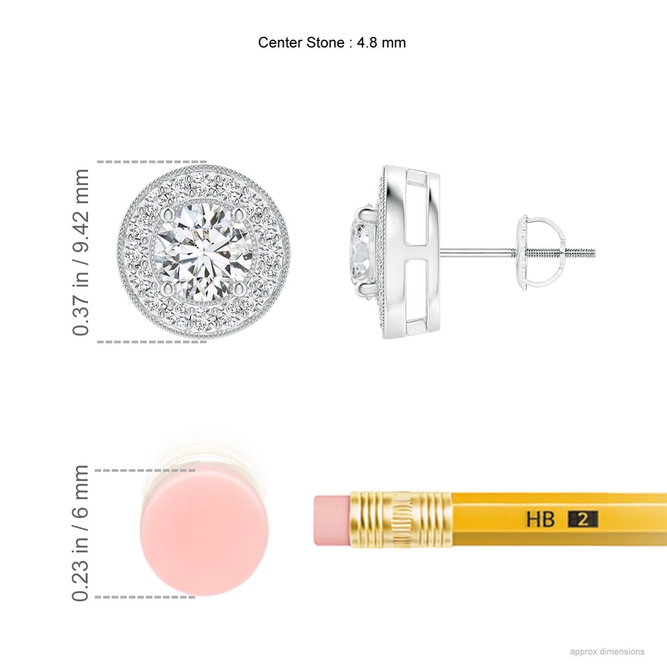 4.8mm HSI2 Solitaire Round Diamond Halo Stud Earrings in White Gold ruler