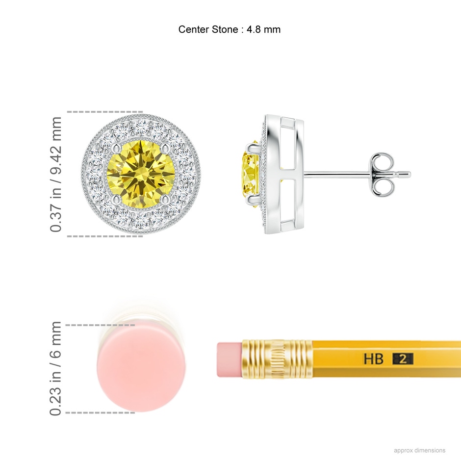 4.8mm AAAA Solitaire Round Fancy Intense Yellow Diamond Halo Stud Earrings in White Gold ruler