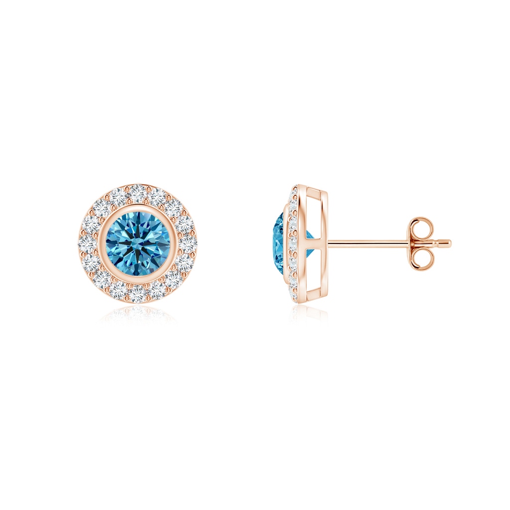 3.7mm AAAA Solitaire Bezel-Set Round Fancy Intense Blue Diamond Halo Stud Earrings in Rose Gold