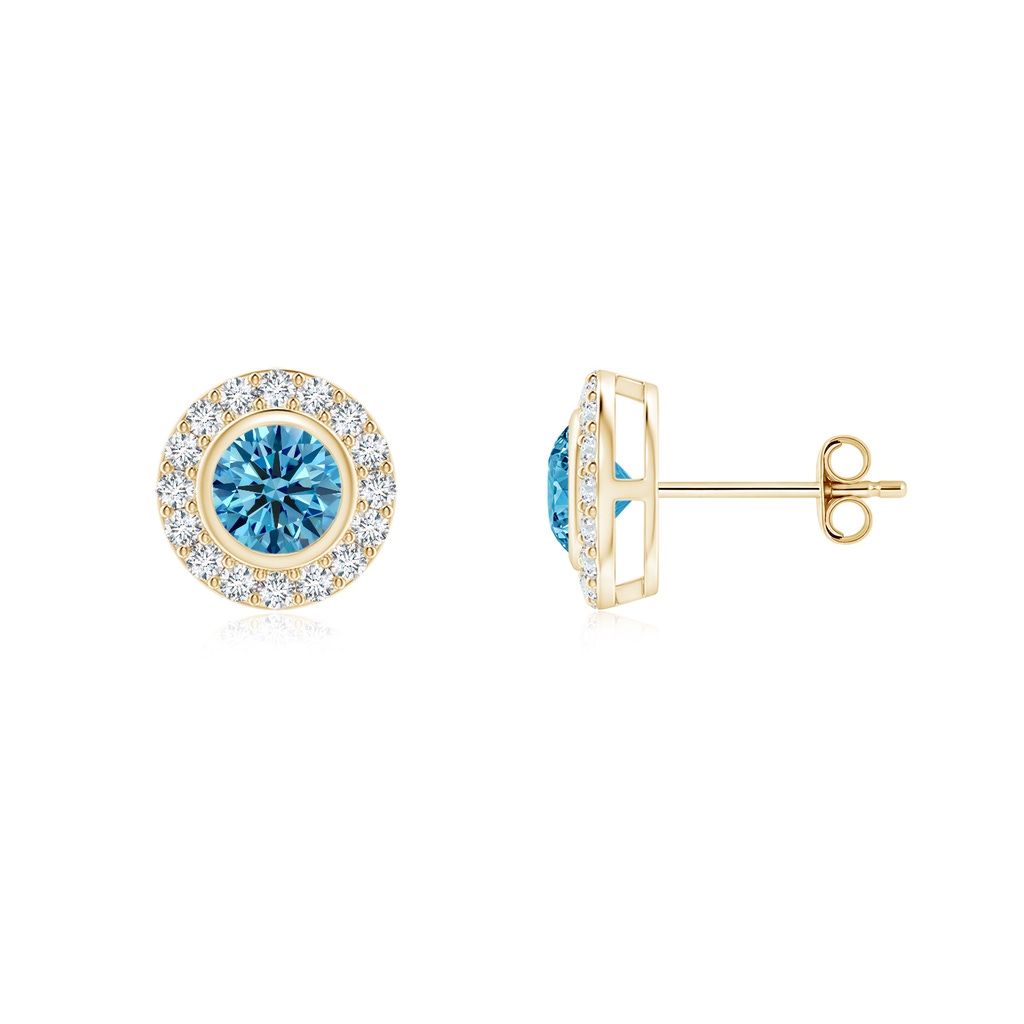 3.7mm AAAA Solitaire Bezel-Set Round Fancy Intense Blue Diamond Halo Stud Earrings in Yellow Gold