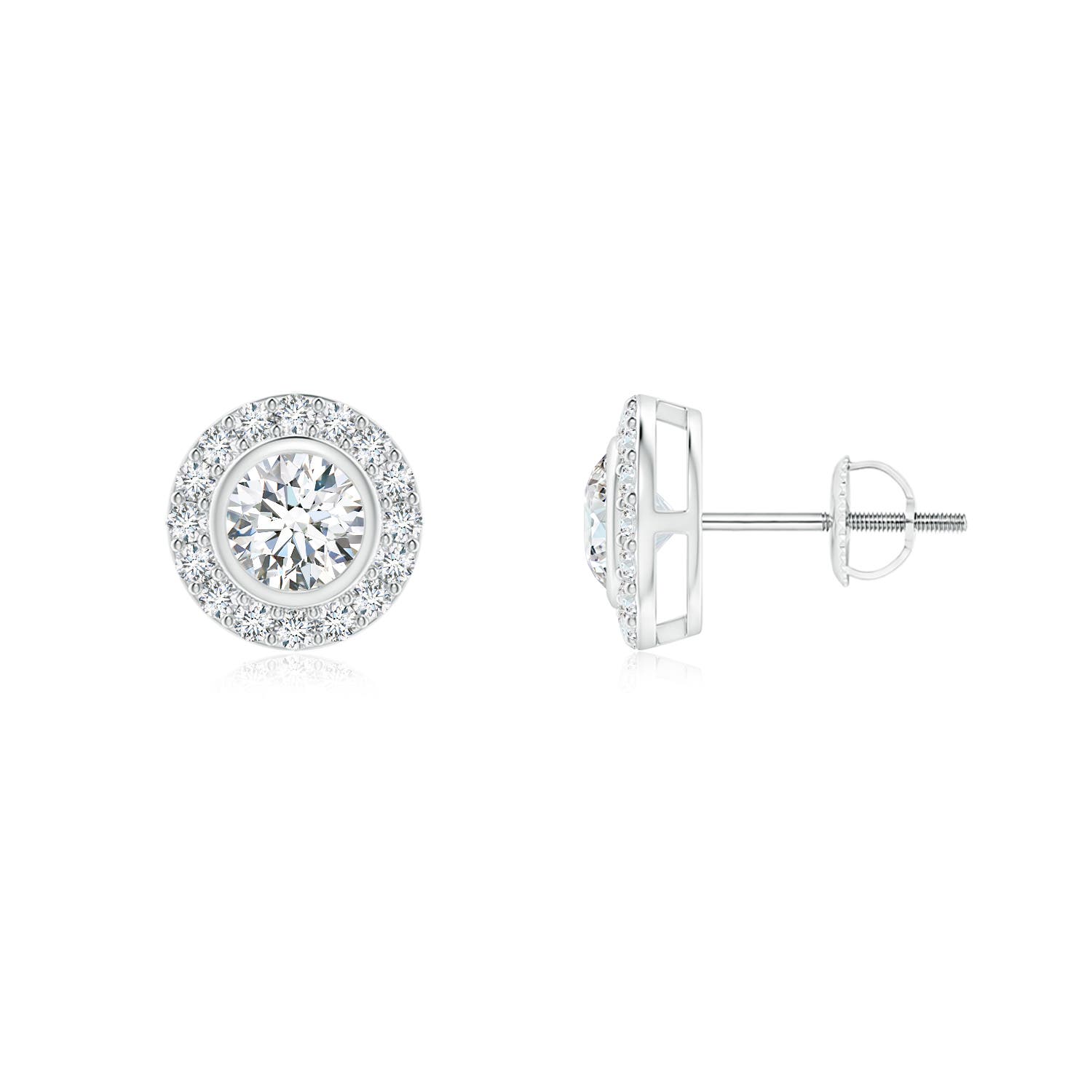3.7mm GVS2 Solitaire Bezel-Set Round Diamond Halo Stud Earrings in 18K White Gold