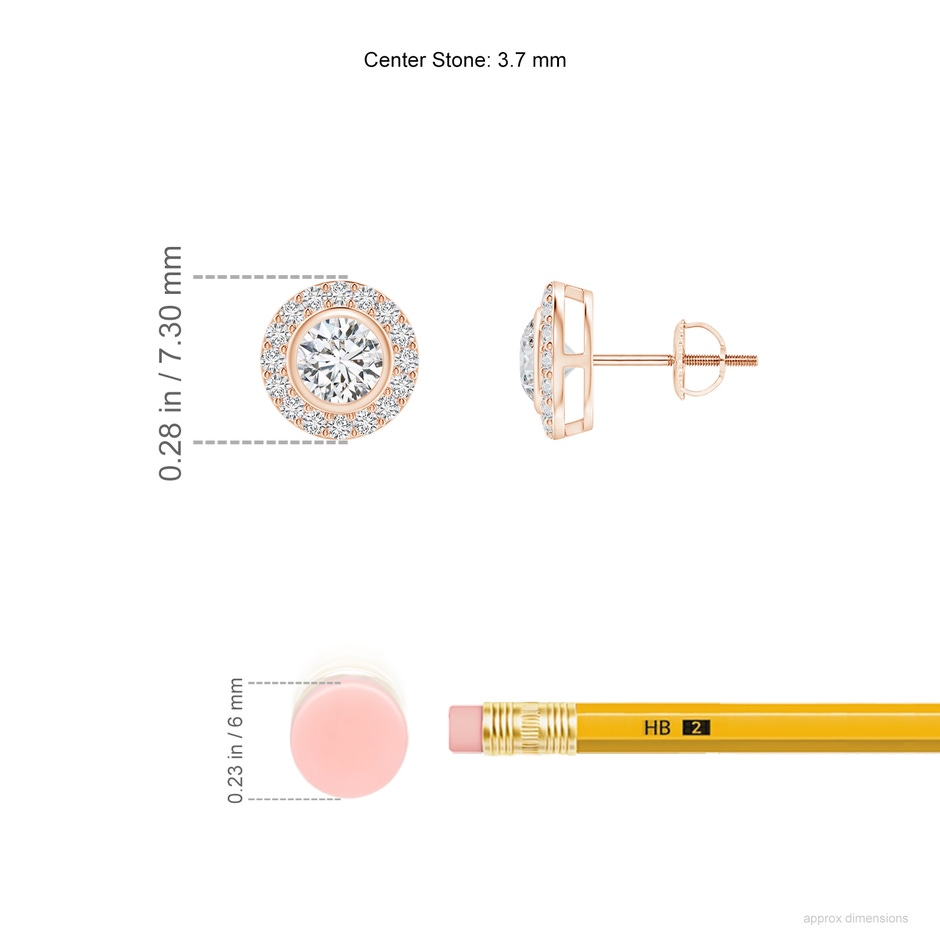 3.7mm HSI2 Solitaire Bezel-Set Round Diamond Halo Stud Earrings in Rose Gold ruler