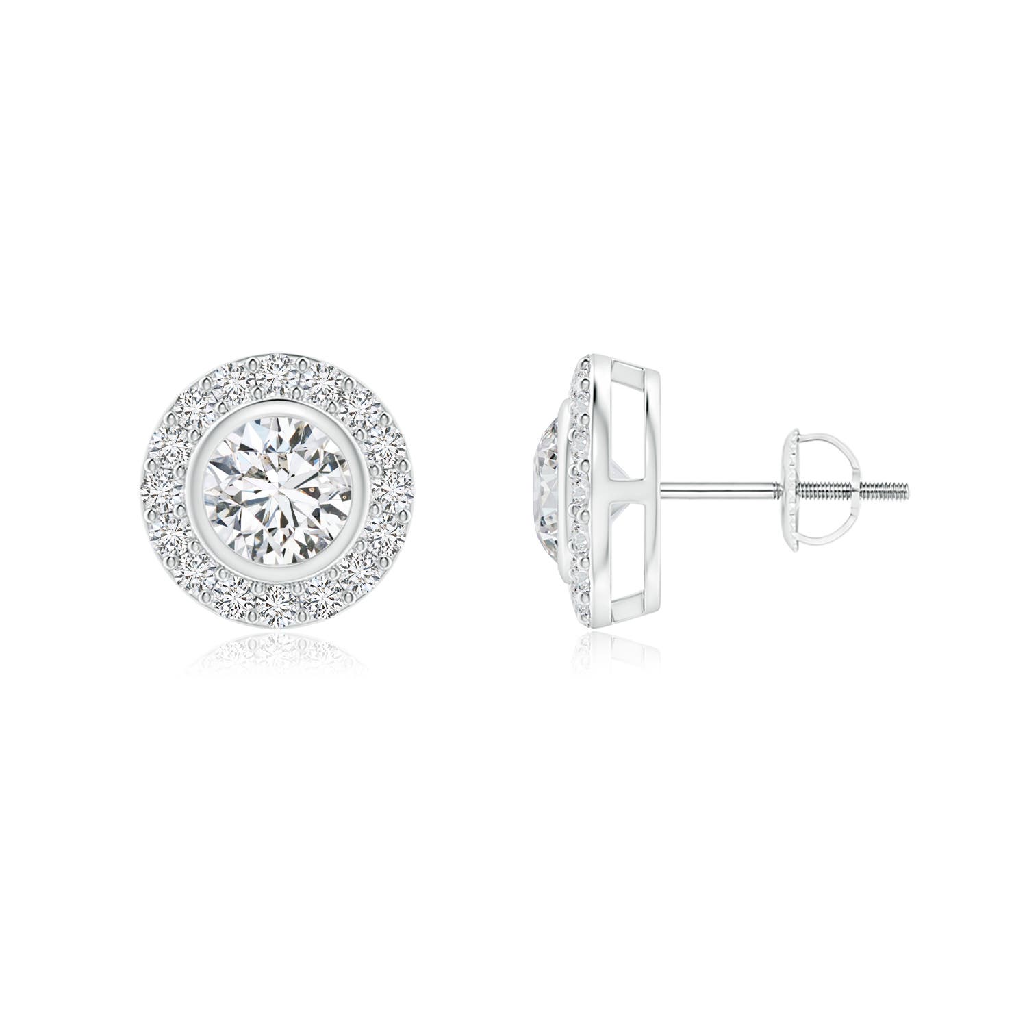 4.2mm HSI2 Solitaire Bezel-Set Round Diamond Halo Stud Earrings in 18K White Gold