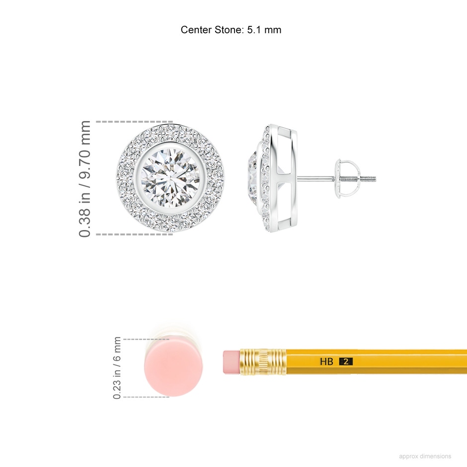 5.1mm HSI2 Solitaire Bezel-Set Round Diamond Halo Stud Earrings in White Gold ruler
