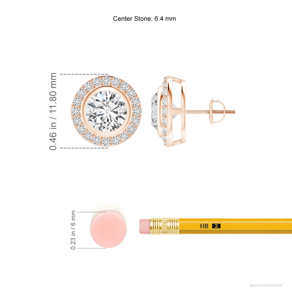 6.4mm HSI2 Solitaire Bezel-Set Round Diamond Halo Stud Earrings in Rose Gold ruler