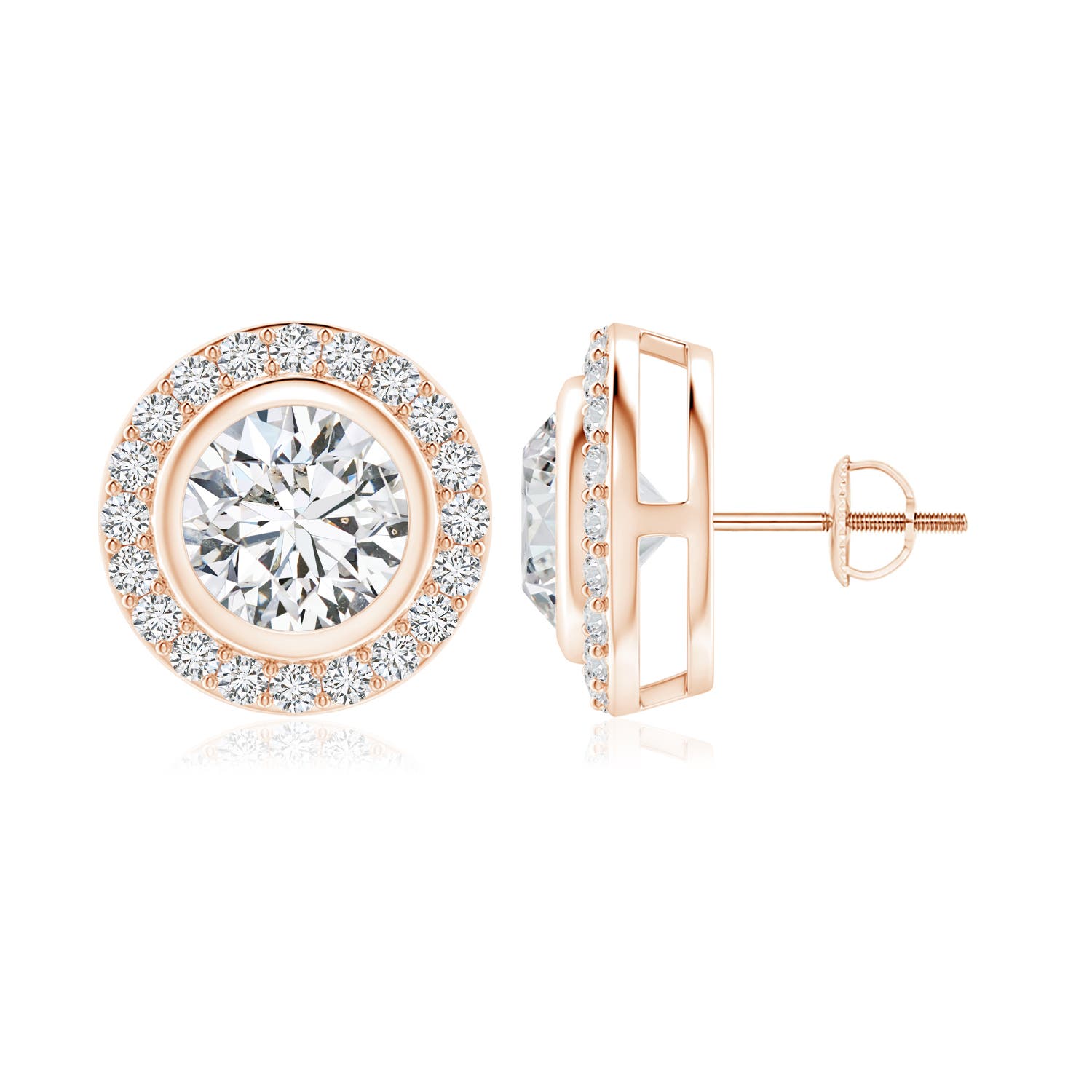 7.4mm HSI2 Solitaire Bezel-Set Round Diamond Halo Stud Earrings in 18K Rose Gold