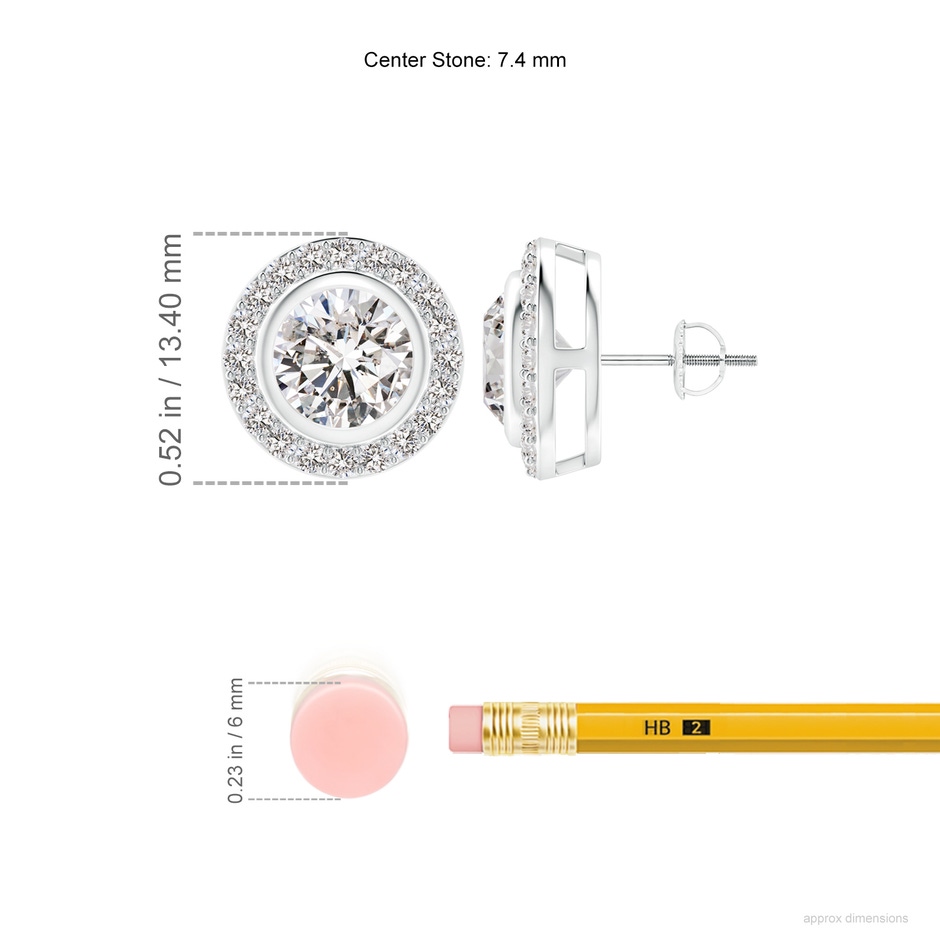 7.4mm IJI1I2 Solitaire Bezel-Set Round Diamond Halo Stud Earrings in P950 Platinum ruler