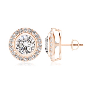 7.4mm IJI1I2 Solitaire Bezel-Set Round Diamond Halo Stud Earrings in Rose Gold
