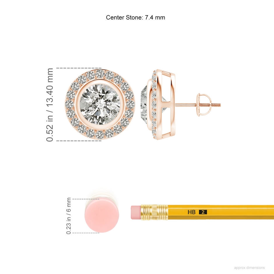 7.4mm KI3 Solitaire Bezel-Set Round Diamond Halo Stud Earrings in Rose Gold ruler