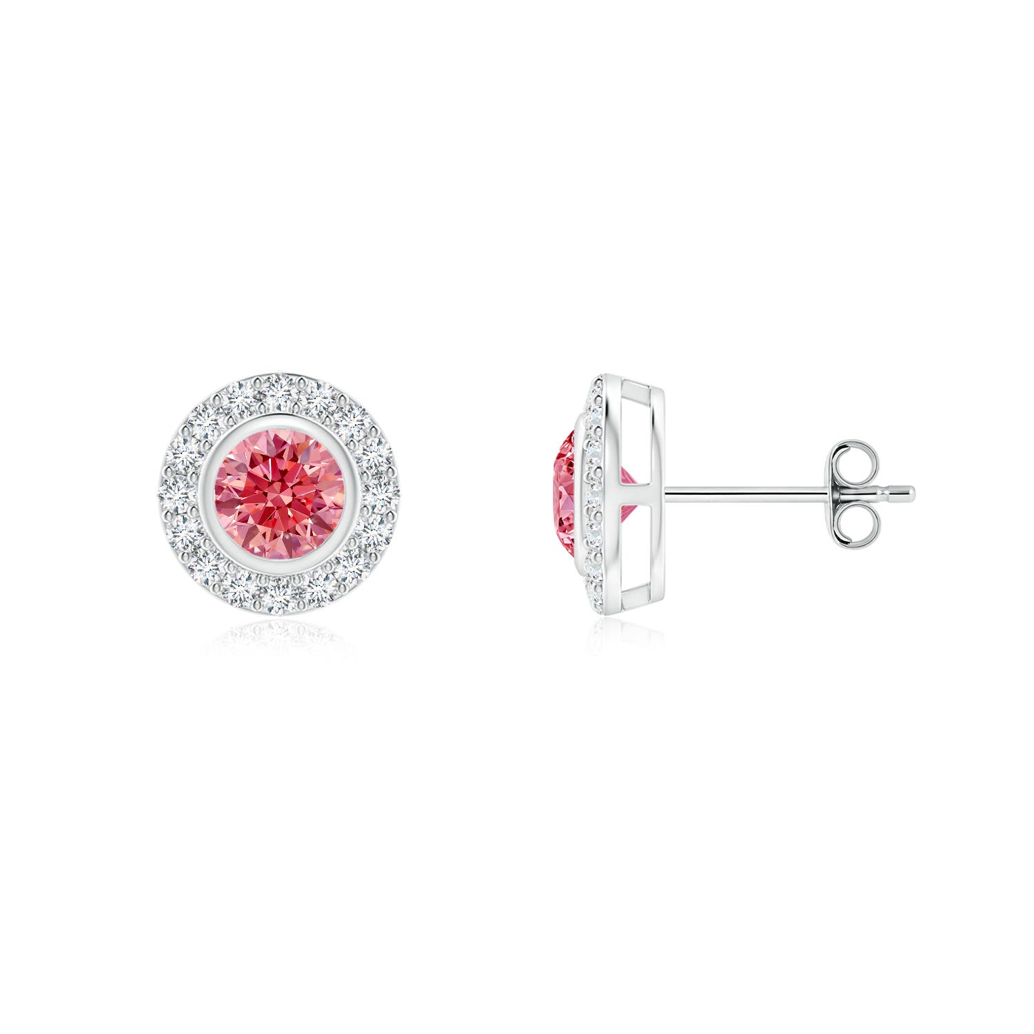 Angara 0.52 CTW Solitaire Bezel-Set Round Fancy Intense Pink Diamond Halo Stud Earrings in 18K White Gold