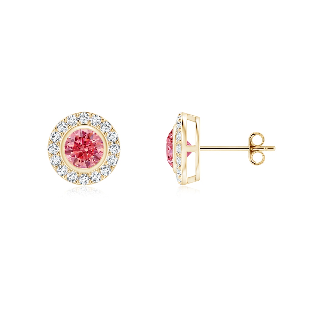 3.7mm AAAA Solitaire Bezel-Set Round Fancy Intense Pink Diamond Halo Stud Earrings in Yellow Gold