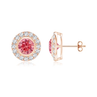 4.8mm AAAA Solitaire Bezel-Set Round Fancy Intense Pink Diamond Halo Stud Earrings in 10K Rose Gold