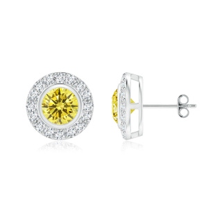 4.8mm AAAA Solitaire Bezel-Set Round Fancy Intense Yellow Diamond Halo Stud Earrings in P950 Platinum