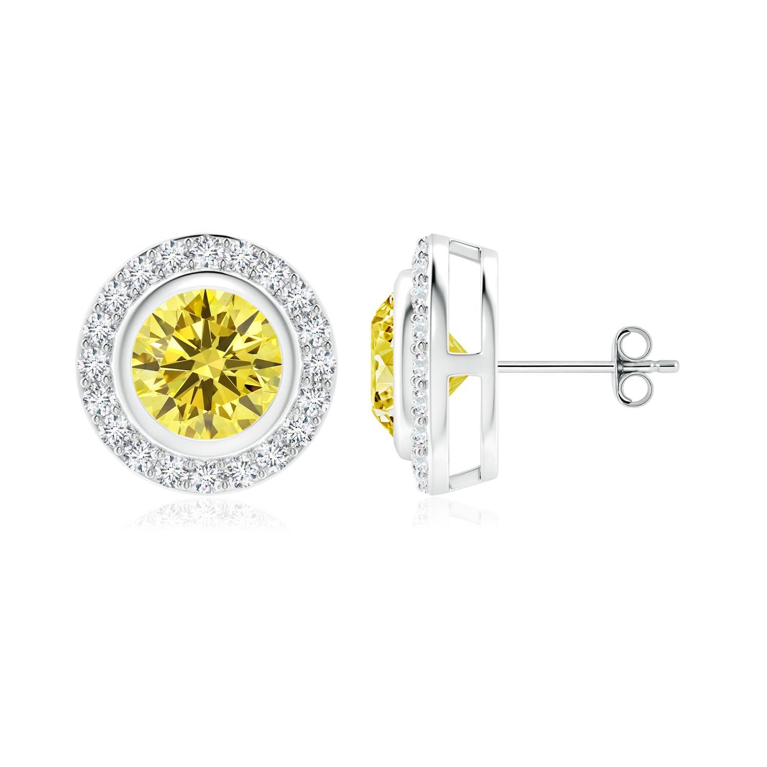 Angara 2.48 CTW Solitaire Bezel-Set Round Fancy Intense Yellow Diamond Halo Stud Earrings in 14K White Gold