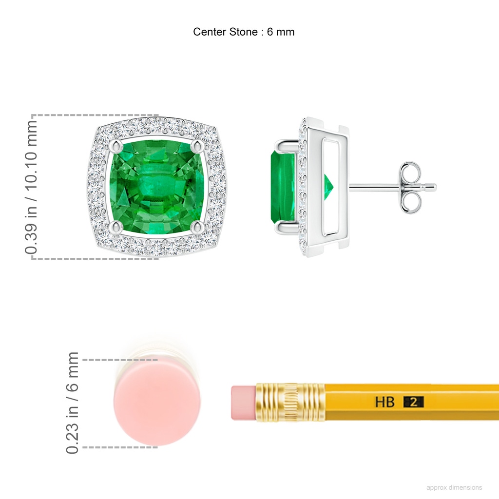 6mm AAA Cushion Emerald Floating Halo Stud Earrings in White Gold ruler