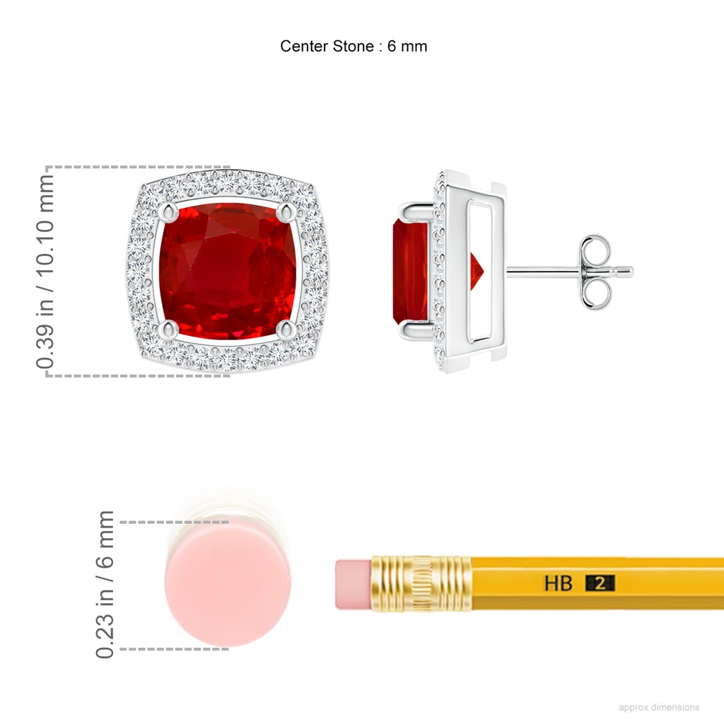 6mm AAA Cushion Ruby Floating Halo Stud Earrings in White Gold ruler