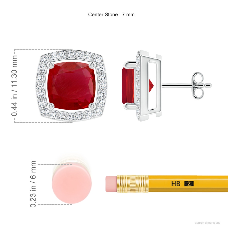7mm AA Cushion Ruby Floating Halo Stud Earrings in P950 Platinum ruler