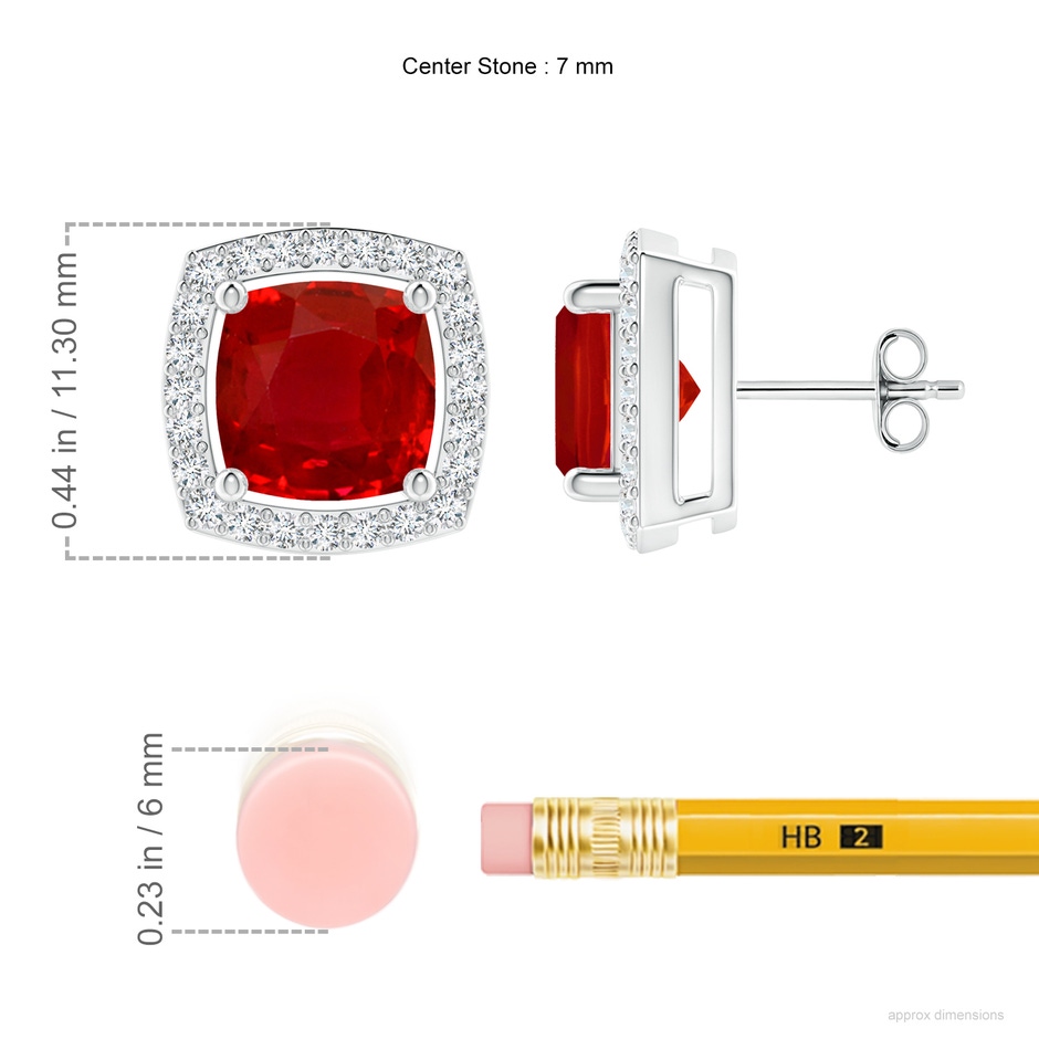 7mm AAA Cushion Ruby Floating Halo Stud Earrings in P950 Platinum ruler