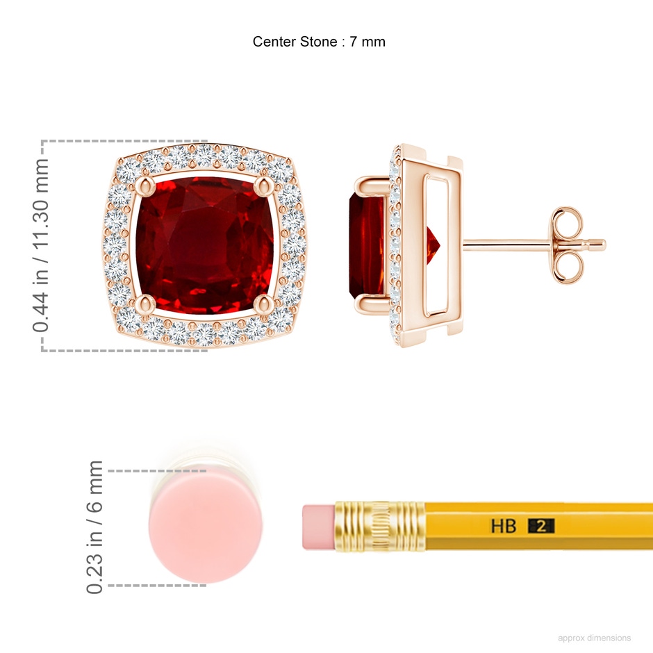7mm AAAA Cushion Ruby Floating Halo Stud Earrings in Rose Gold ruler