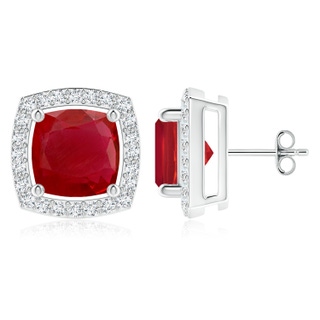 8mm AA Cushion Ruby Floating Halo Stud Earrings in P950 Platinum