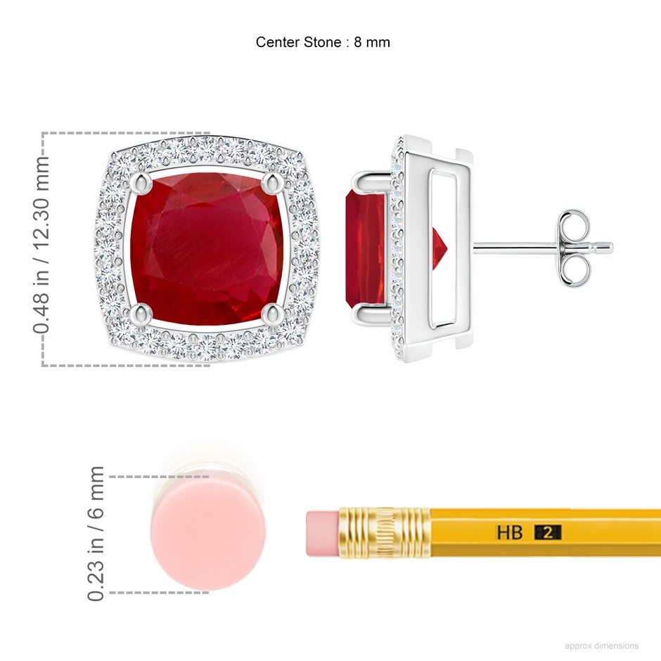 8mm AA Cushion Ruby Floating Halo Stud Earrings in P950 Platinum ruler