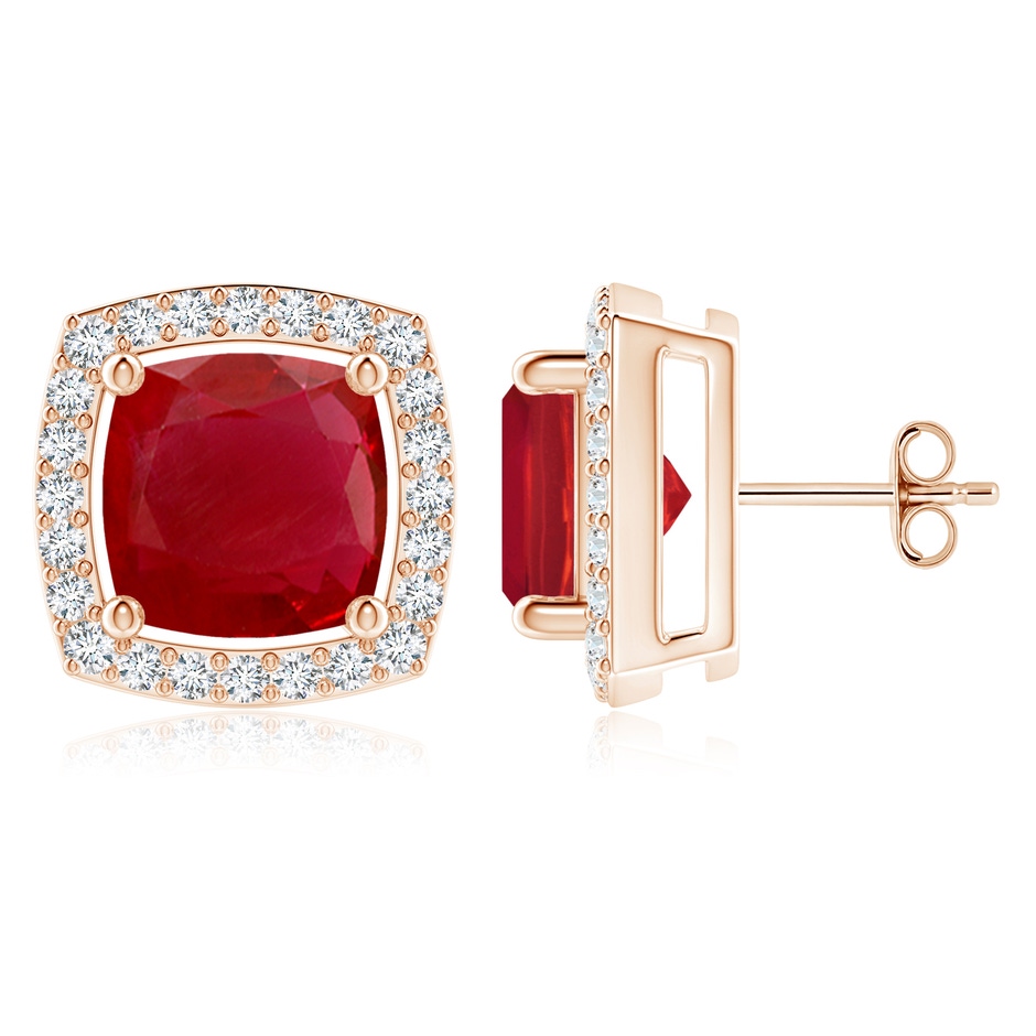 8mm AA Cushion Ruby Floating Halo Stud Earrings in Rose Gold 