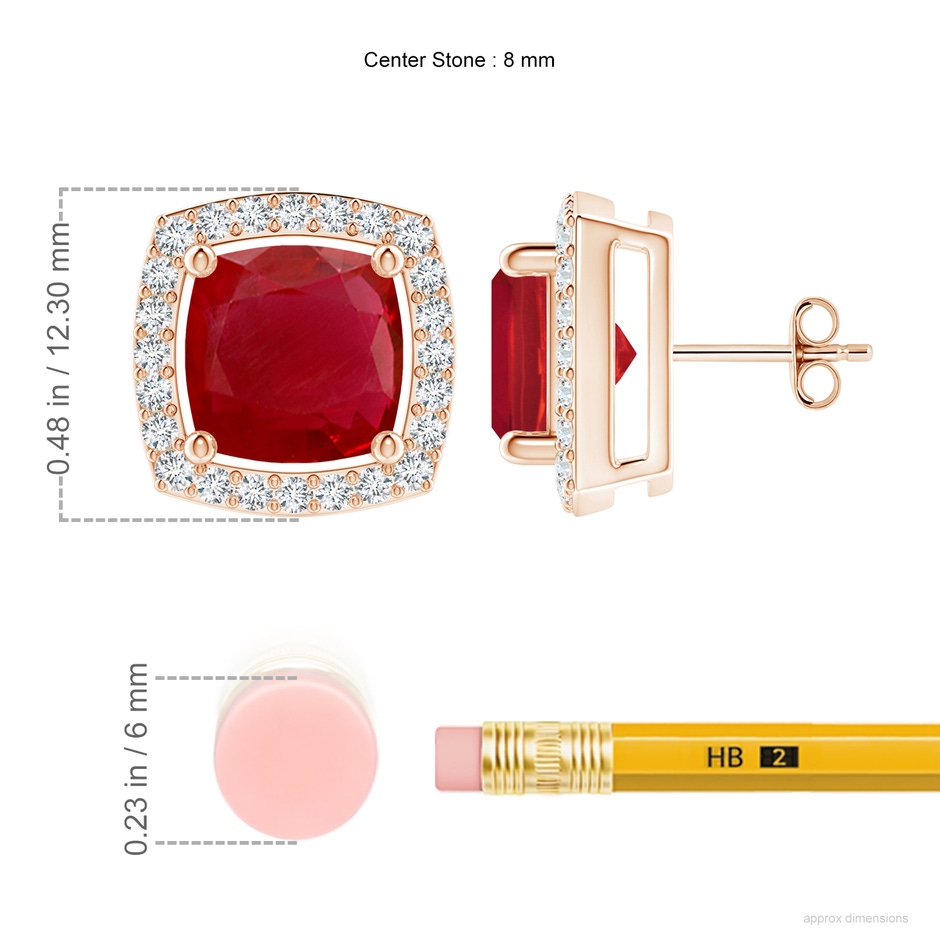 8mm AA Cushion Ruby Floating Halo Stud Earrings in Rose Gold ruler