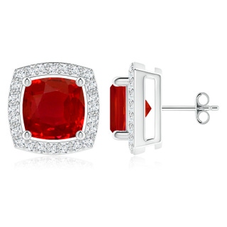 8mm AAA Cushion Ruby Floating Halo Stud Earrings in P950 Platinum