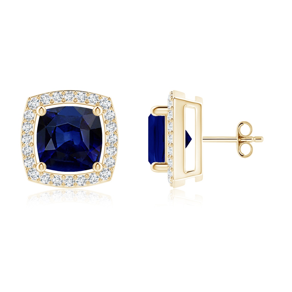 6mm AAA Cushion Blue Sapphire Floating Halo Stud Earrings in Yellow Gold