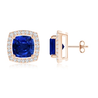 6mm Lab-Grown Cushion Blue Sapphire Floating Halo Stud Earrings in 10K Rose Gold