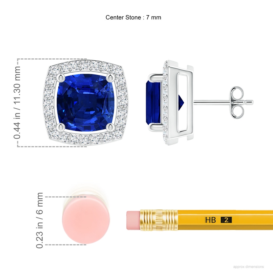 7mm Lab-Grown Cushion Blue Sapphire Floating Halo Stud Earrings in 18K White Gold ruler