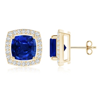 7mm Lab-Grown Cushion Blue Sapphire Floating Halo Stud Earrings in Yellow Gold