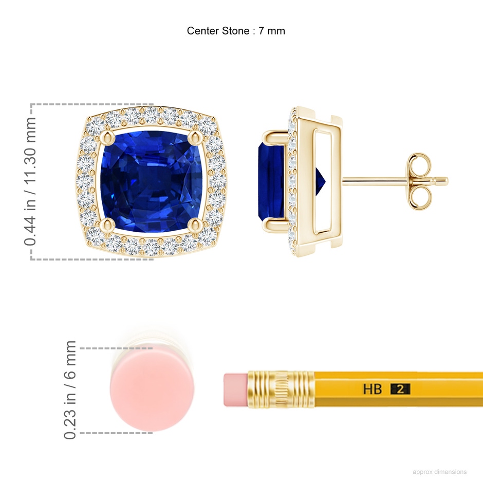 7mm Lab-Grown Cushion Blue Sapphire Floating Halo Stud Earrings in Yellow Gold ruler