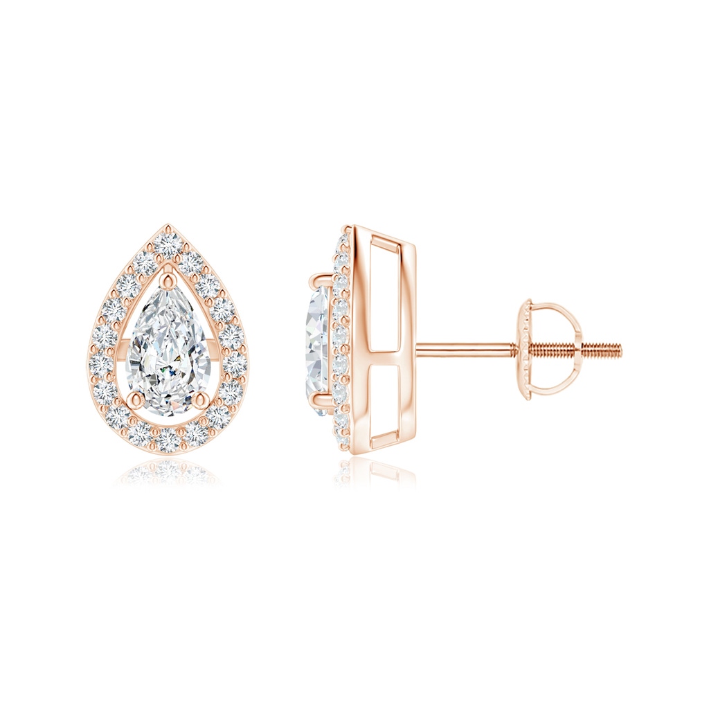 5x3mm GVS2 Solitaire Pear Diamond Halo Stud Earrings in Rose Gold