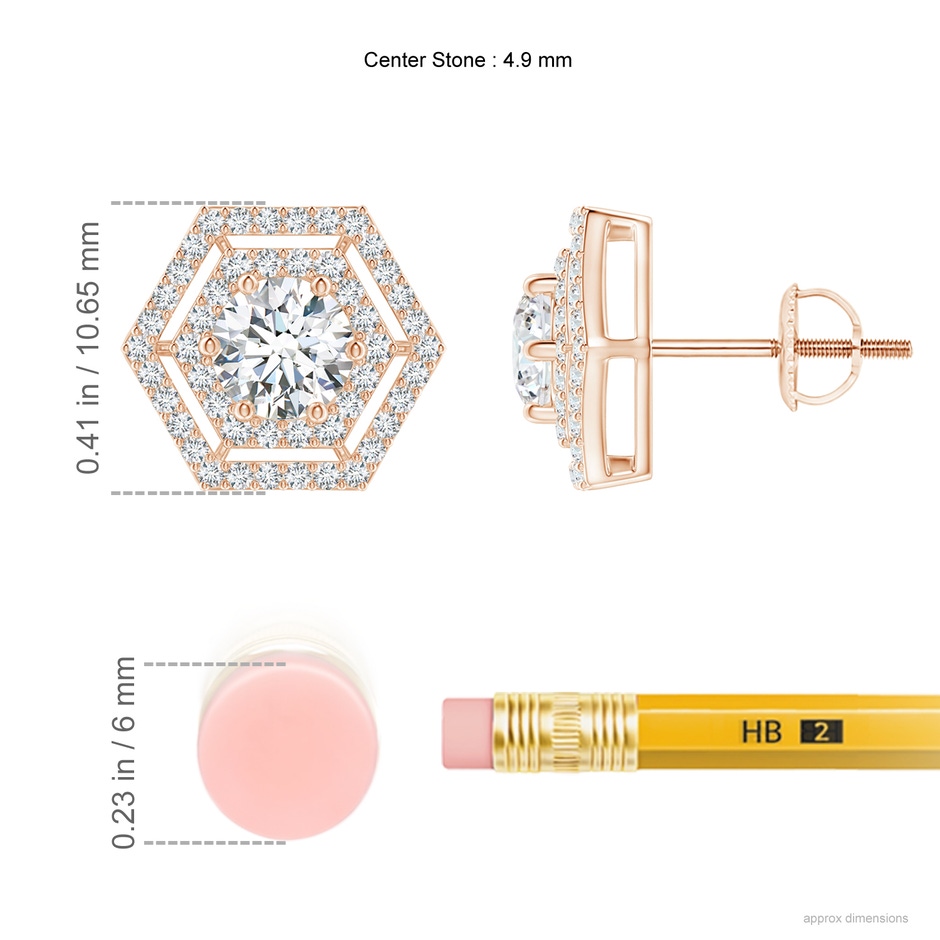 4.9mm GVS2 Round Diamond Hexagonal Floating Double Halo Studs in Rose Gold ruler
