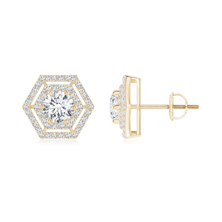 4.9mm GVS2 Round Diamond Hexagonal Floating Double Halo Studs in Yellow Gold 