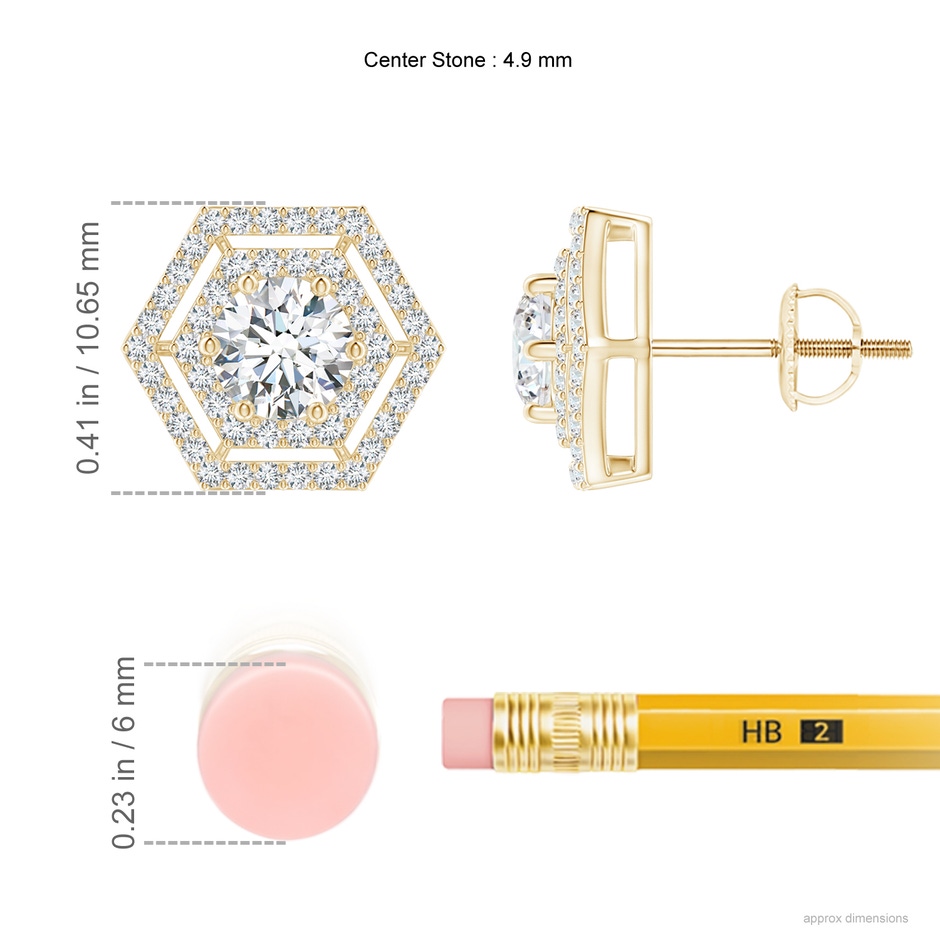4.9mm GVS2 Round Diamond Hexagonal Floating Double Halo Studs in Yellow Gold ruler