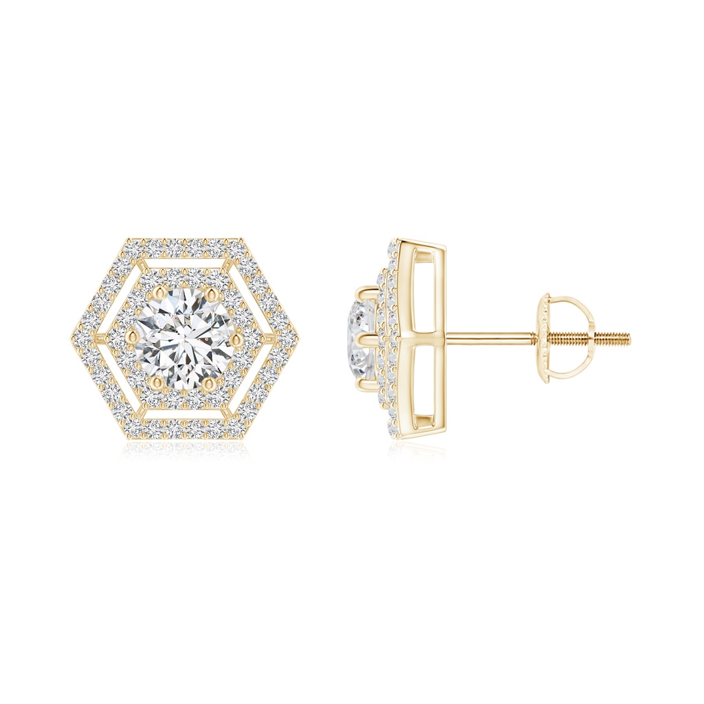 4.9mm HSI2 Round Diamond Hexagonal Floating Double Halo Studs in Yellow Gold