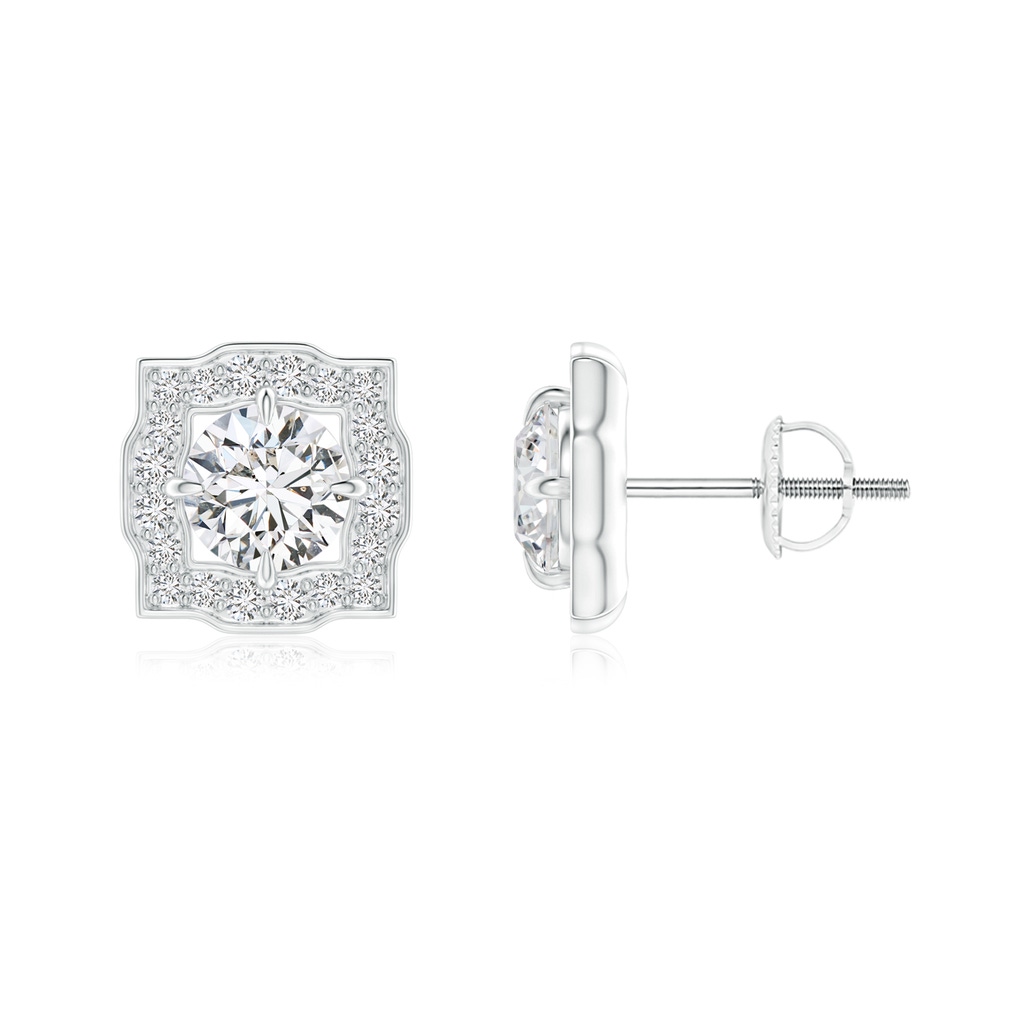 4.4mm HSI2 Art Deco Inspired Round Diamond Halo Solitaire Studs in White Gold