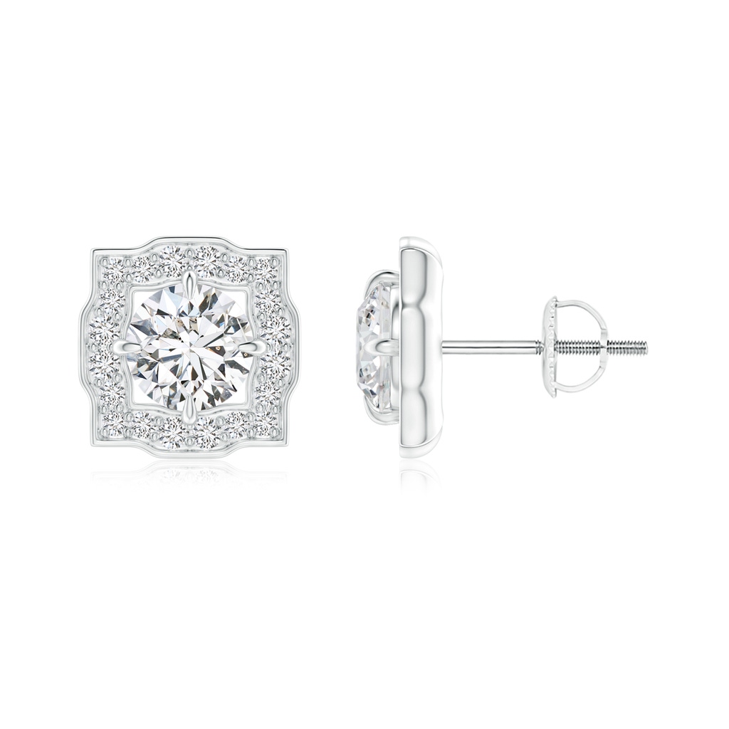 4.7mm HSI2 Art Deco Inspired Round Diamond Halo Solitaire Studs in White Gold