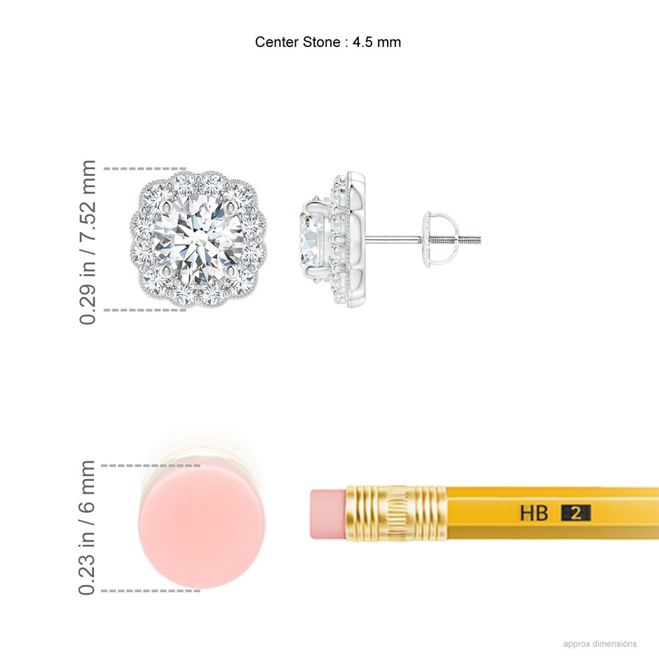 4.5mm GVS2 Round Diamond Scalloped Cushion Halo Stud Earrings in P950 Platinum ruler