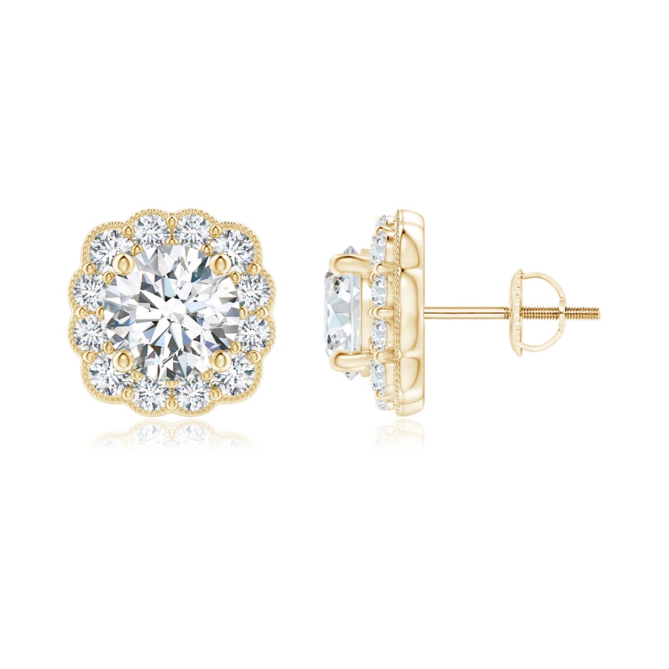 4.5mm GVS2 Round Diamond Scalloped Cushion Halo Stud Earrings in Yellow Gold 