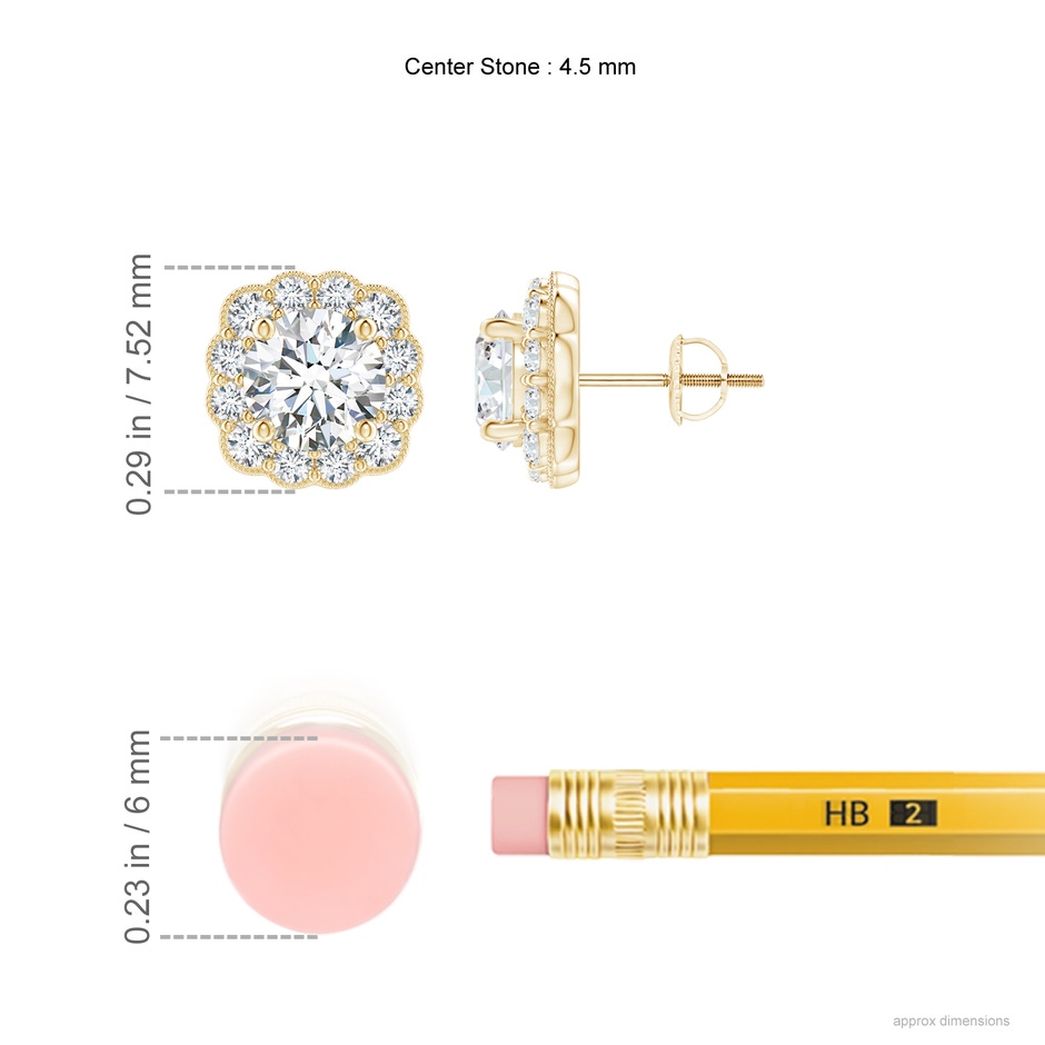 4.5mm GVS2 Round Diamond Scalloped Cushion Halo Stud Earrings in Yellow Gold ruler