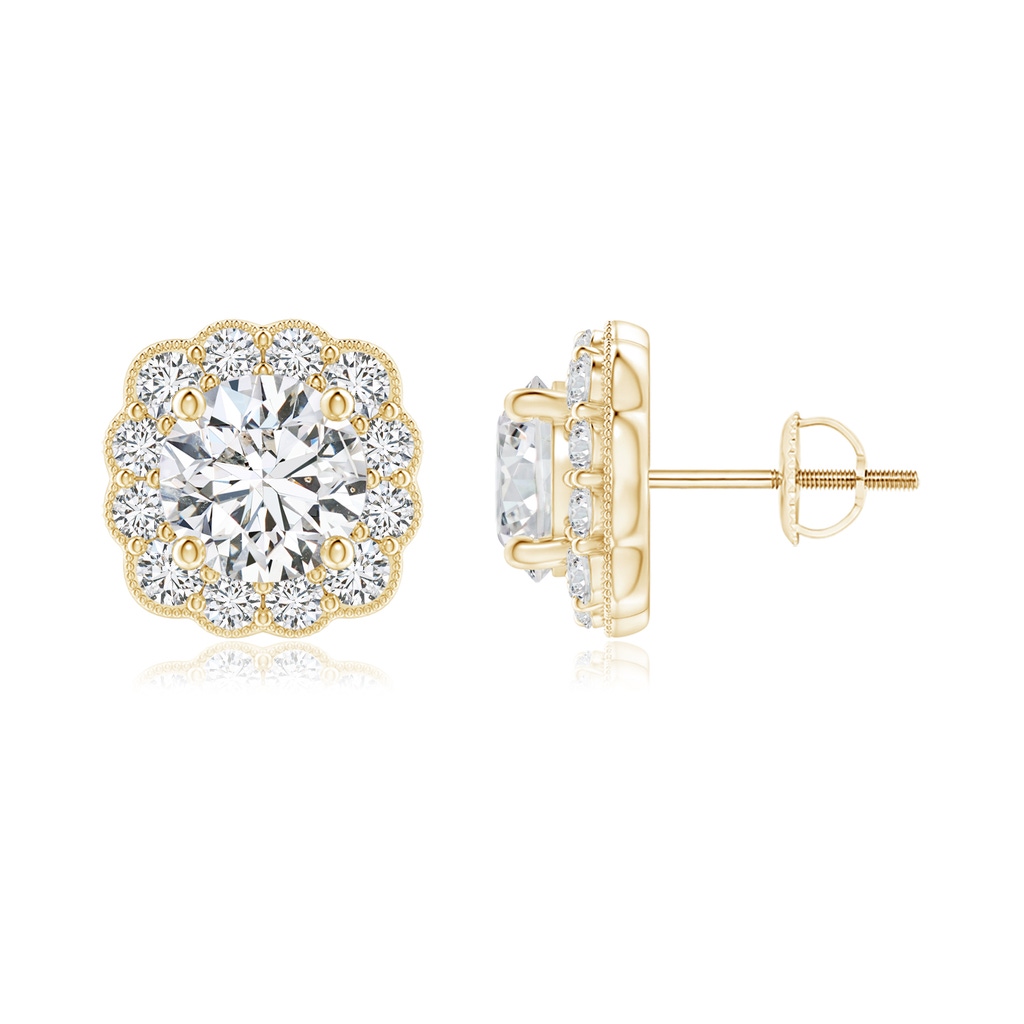 4.5mm HSI2 Round Diamond Scalloped Cushion Halo Stud Earrings in Yellow Gold