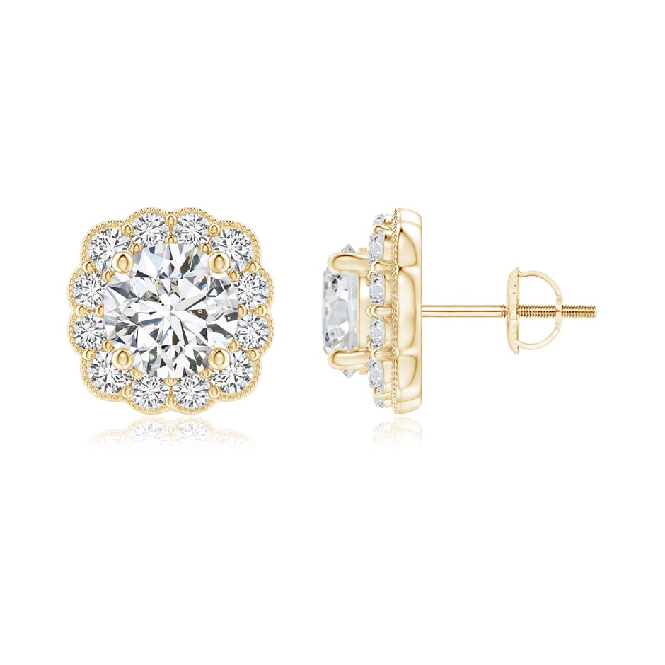 4.5mm HSI2 Round Diamond Scalloped Cushion Halo Stud Earrings in Yellow Gold 