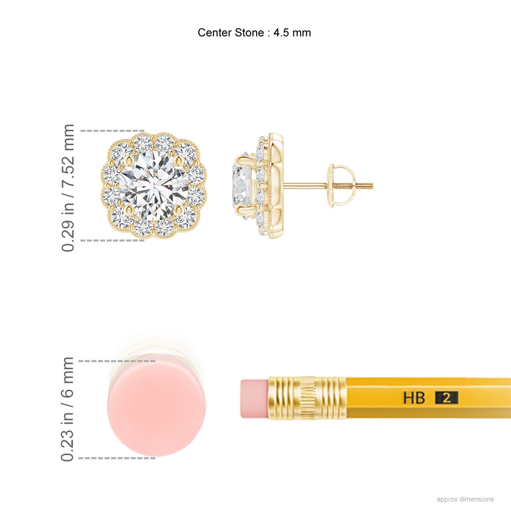 4.5mm HSI2 Round Diamond Scalloped Cushion Halo Stud Earrings in Yellow Gold Ruler