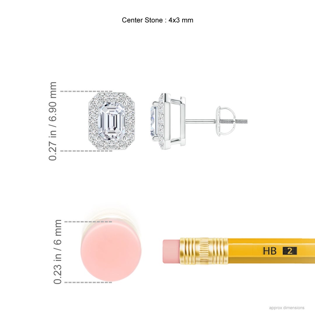 4x3mm HSI2 Emerald-Cut Diamond Double Halo Stud Earrings in White Gold - ruler