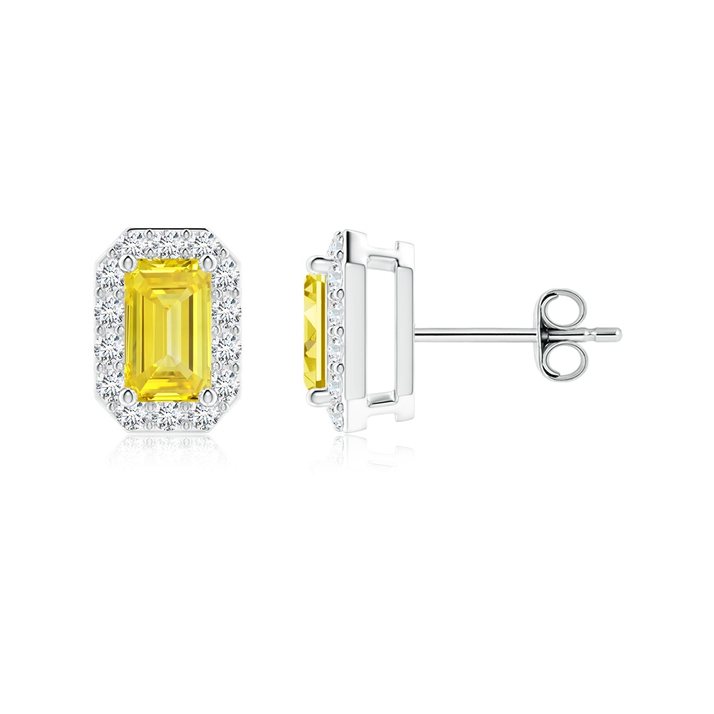 5x3mm AAAA Emerald-Cut Fancy Intense Yellow Diamond Halo Stud Earrings in P950 Platinum