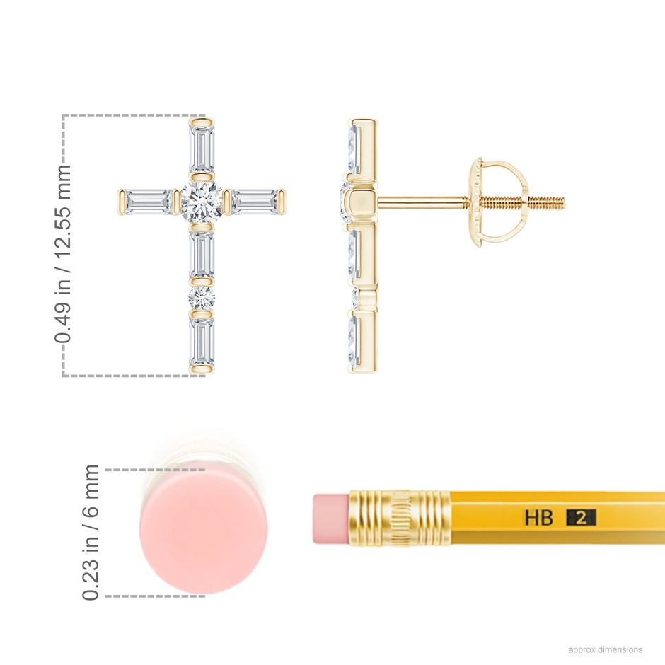 2.5x1.25mm GVS2 Bar-Set Baguette Diamond Cross Stud Earrings in Yellow Gold ruler