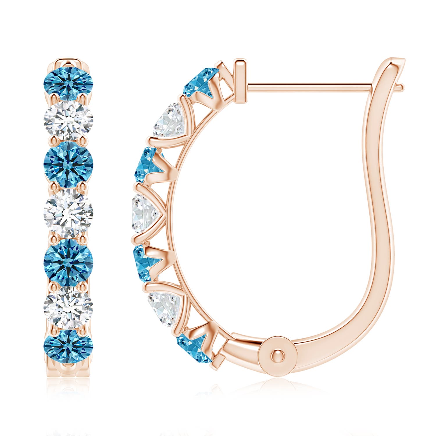 Angara 1.47 CTW Prong-Set Fancy Intense Blue and White Diamond Huggie Hoop Earrings in 14K Rose Gold